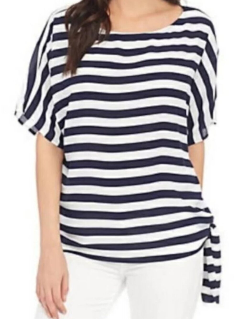 Michael Kors Nautical Striped Side Tie Blouse Blue & White Boatneck Top Size L